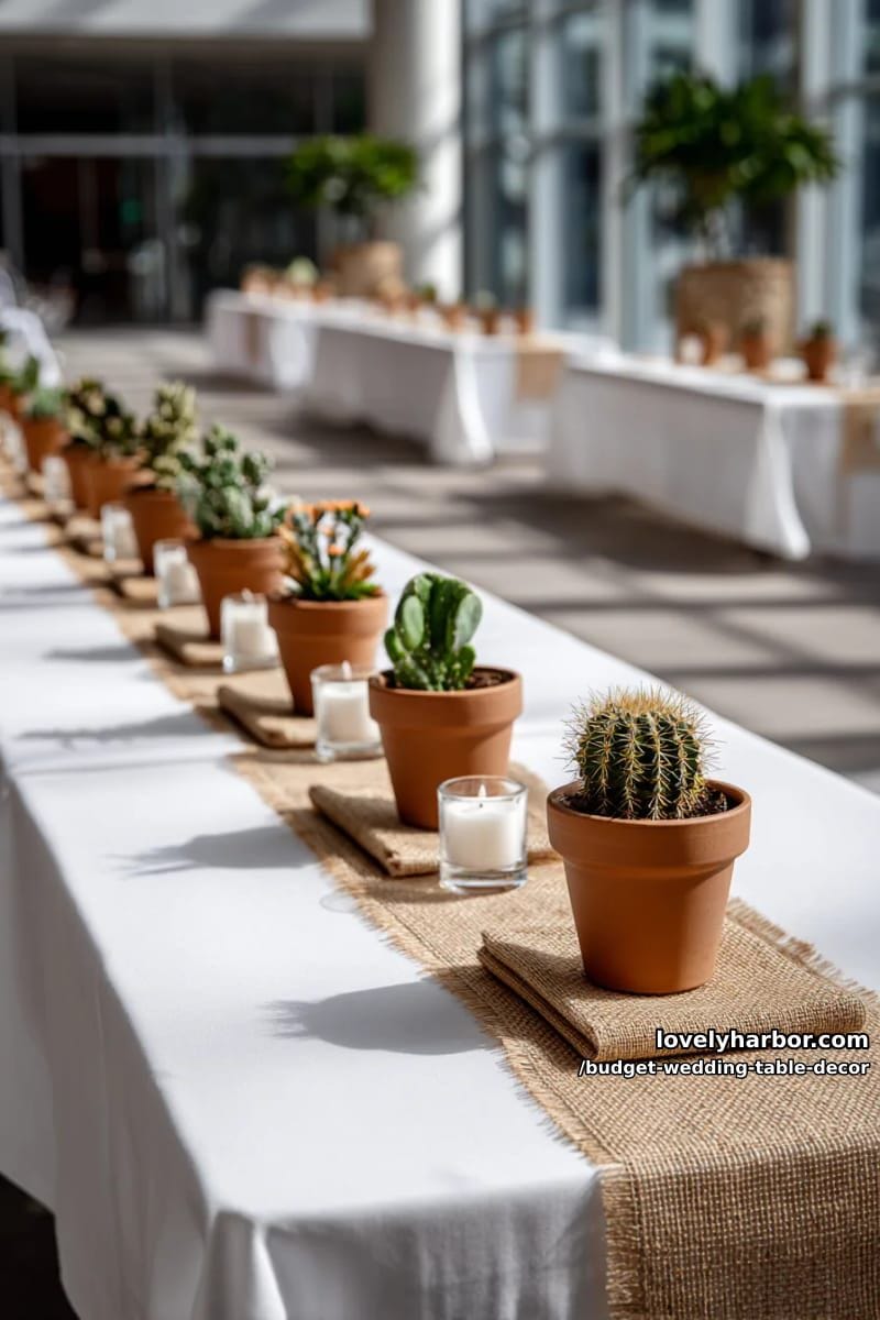 potted mini cactus arranged with burlap mats for quirky and budget-friendly charm 1