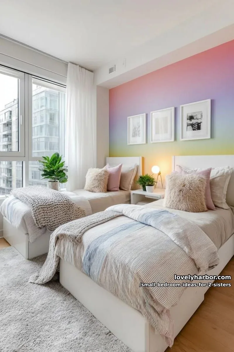rainbow ombre accent wall behind both beds and coordinated bedding 1