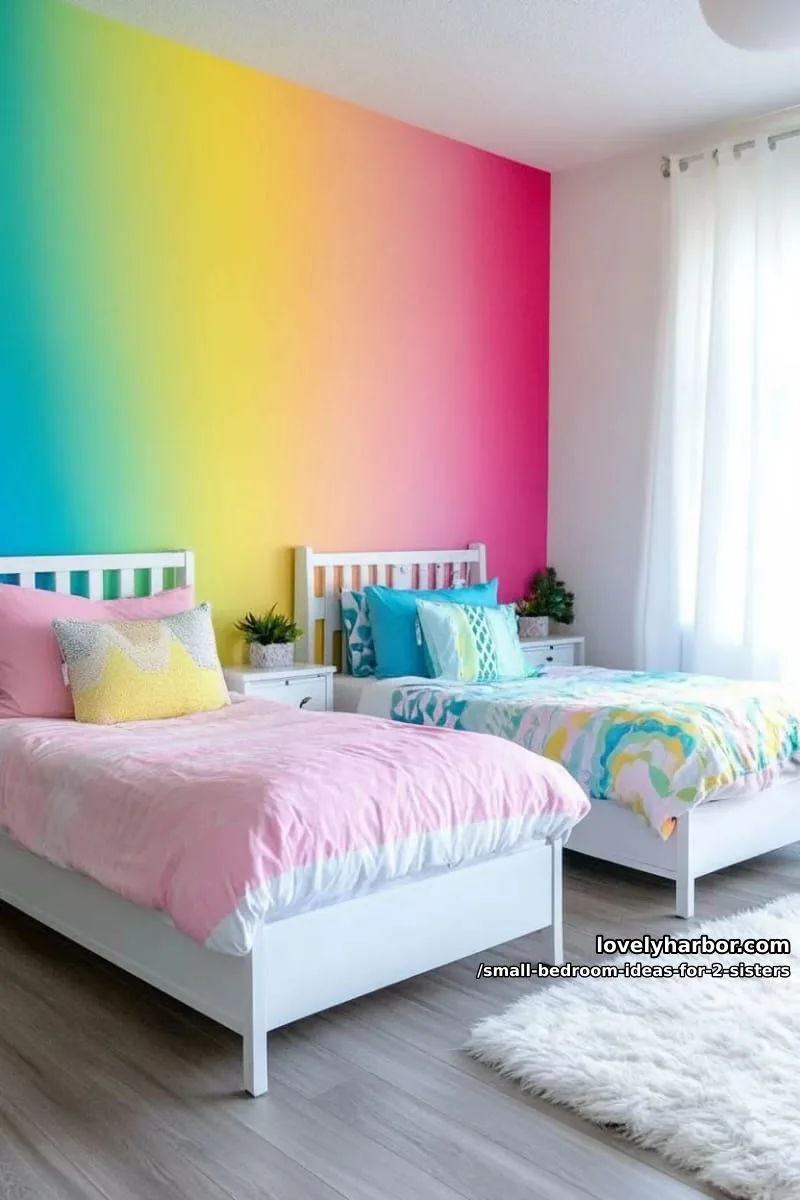 rainbow ombre accent wall behind both beds and coordinated bedding 1