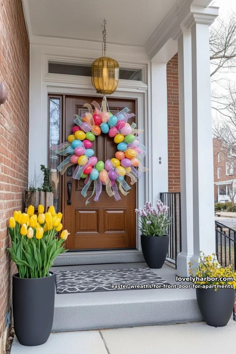 rainbow plastic egg wreath with cascading organza ribbons 1
