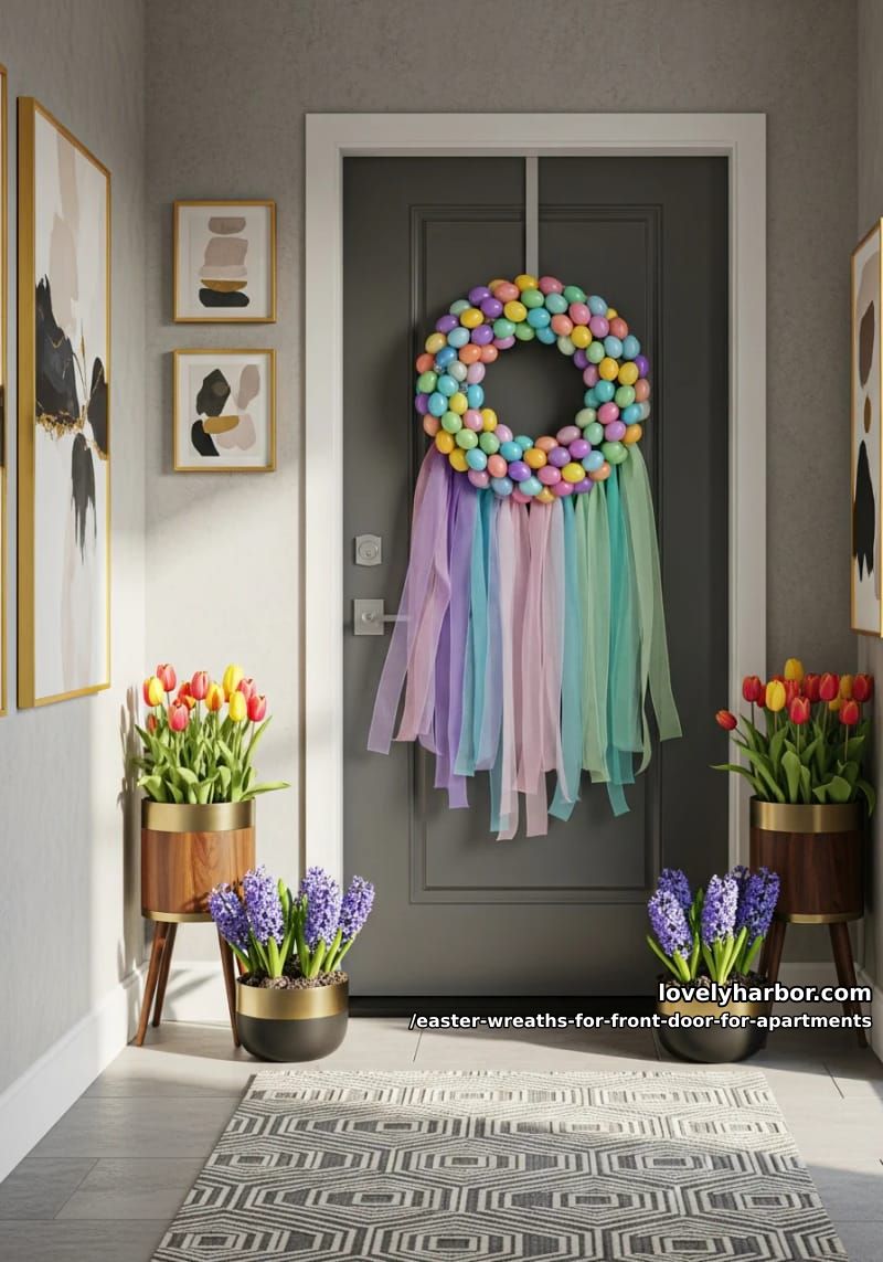 rainbow plastic egg wreath with cascading organza ribbons 1