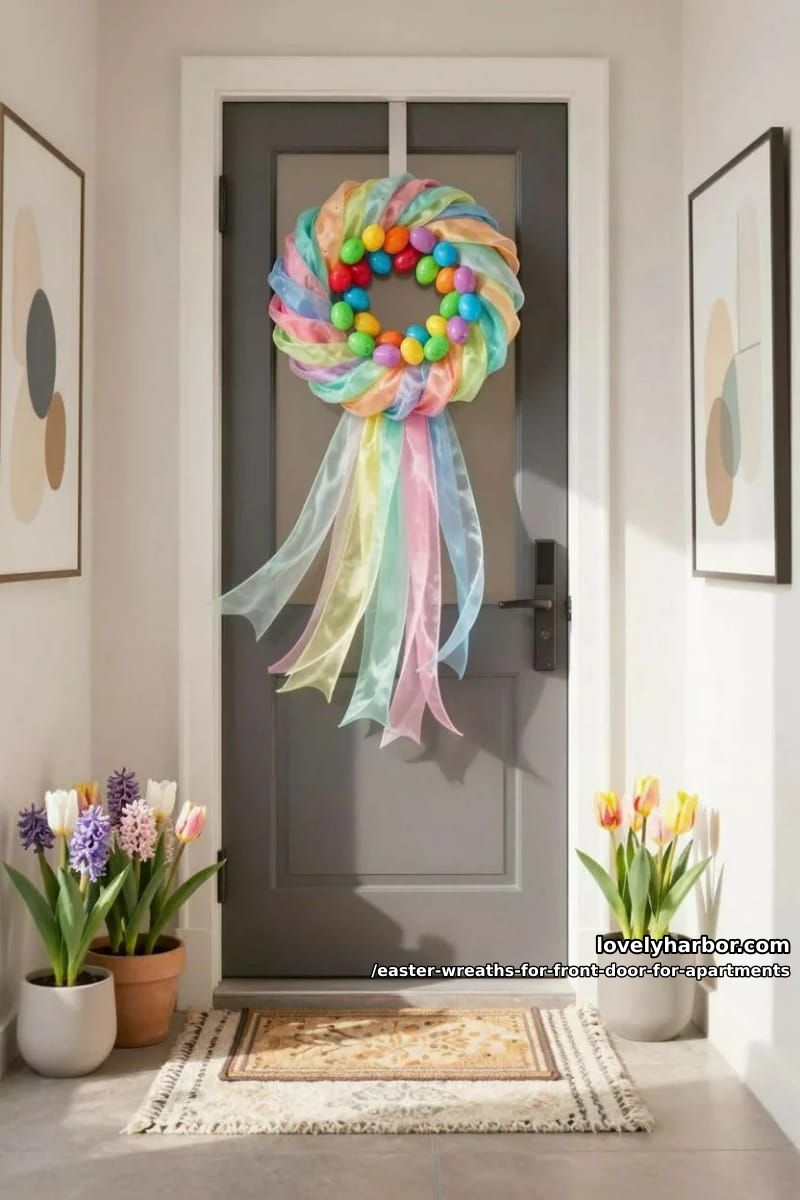 rainbow plastic egg wreath with cascading organza ribbons 1