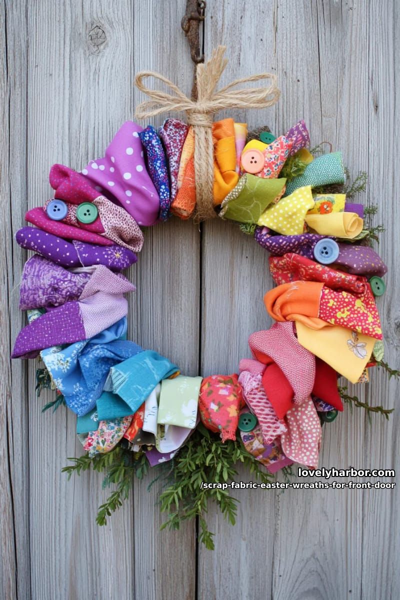rainbow rag wreath with mismatched fabric strips and vintage button accents 1