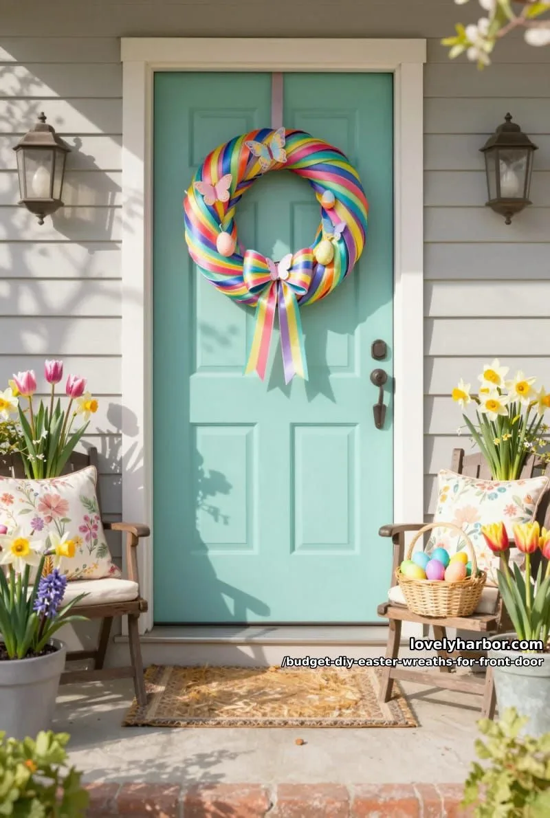 rainbow ribbon wreath accented with mini easter eggs and paper butterflies 1