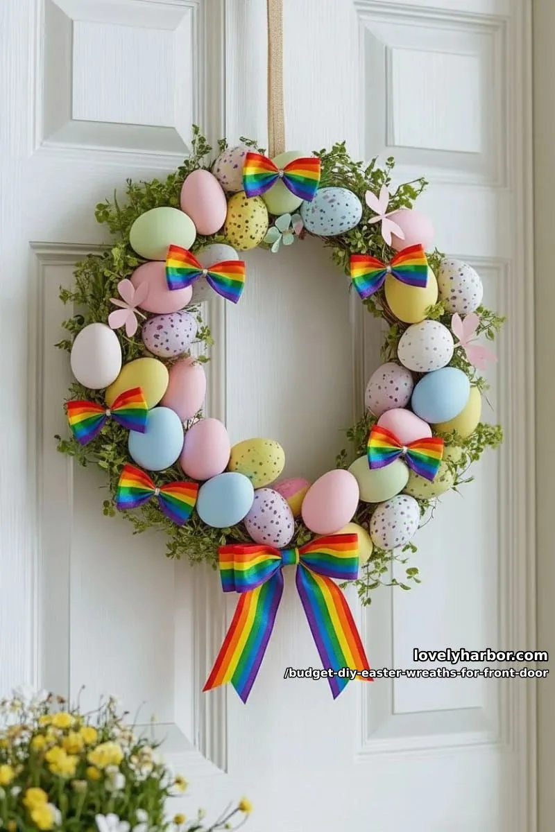rainbow ribbon wreath accented with mini easter eggs and paper butterflies 1