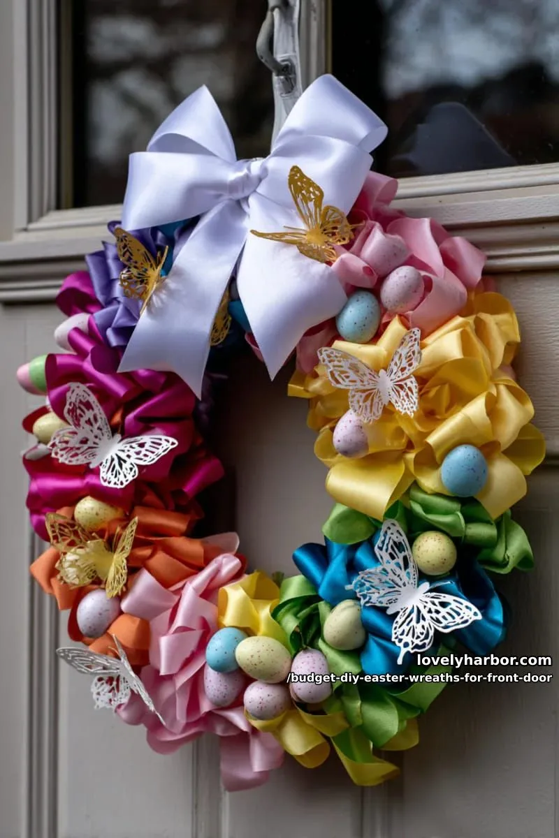 rainbow ribbon wreath accented with mini easter eggs and paper butterflies 1