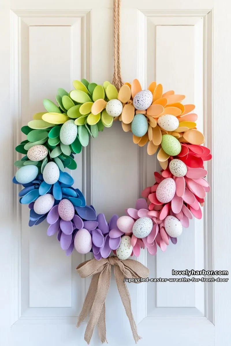 15 Upcycled Easter Wreaths For Front Door That Bring Colorful Spring Vibes 29 rainbow wreath made with plastic spoons and painted egg garland 1