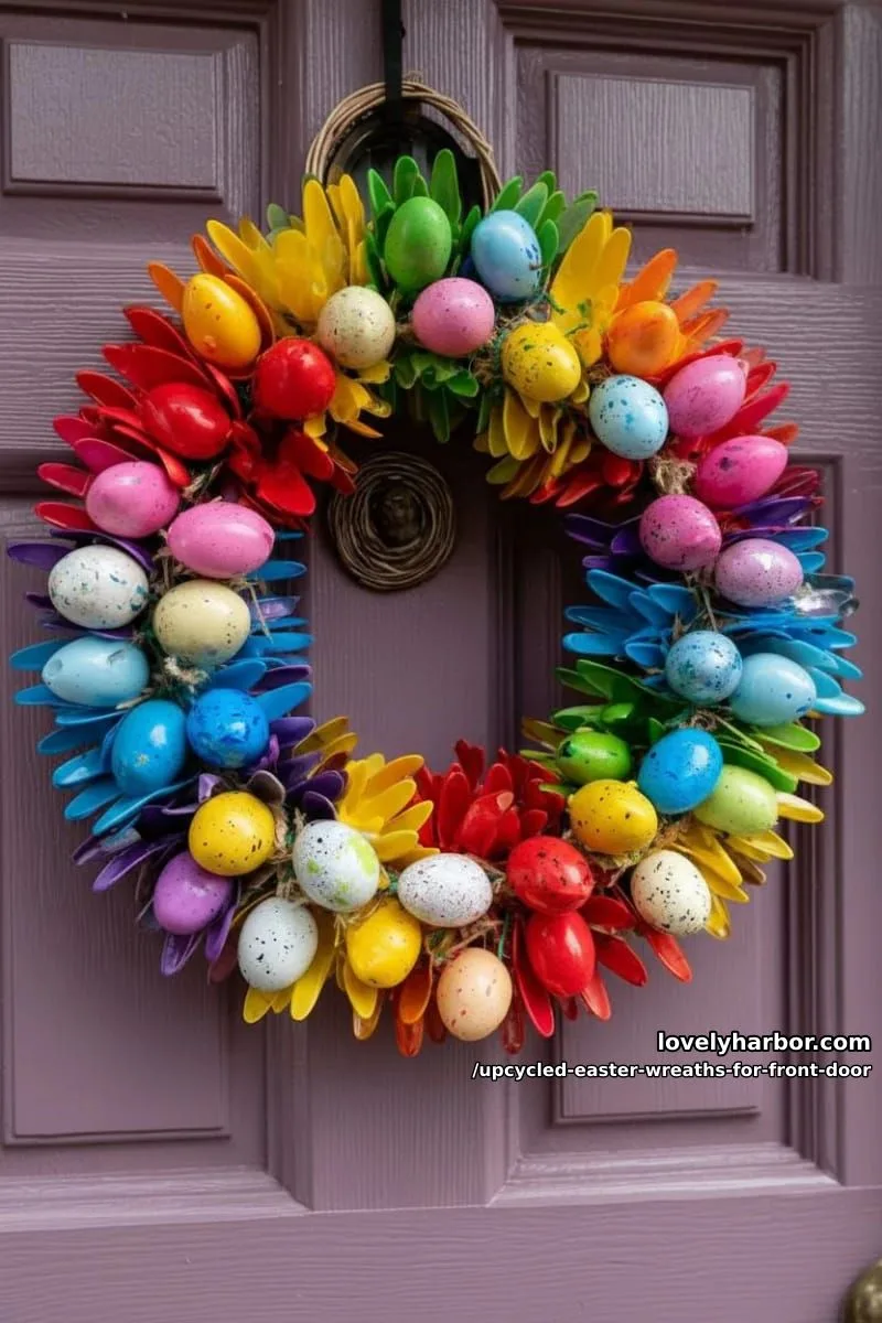 15 Upcycled Easter Wreaths For Front Door That Bring Colorful Spring Vibes 30 rainbow wreath made with plastic spoons and painted egg garland 1
