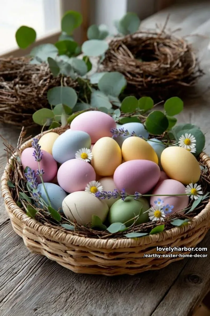 15 Earthy Easter Home Decor For A Nature-Friendly Seasonal Touch 6 rattan tray filled with pastel eggs, eucalyptus, and twig nests 1