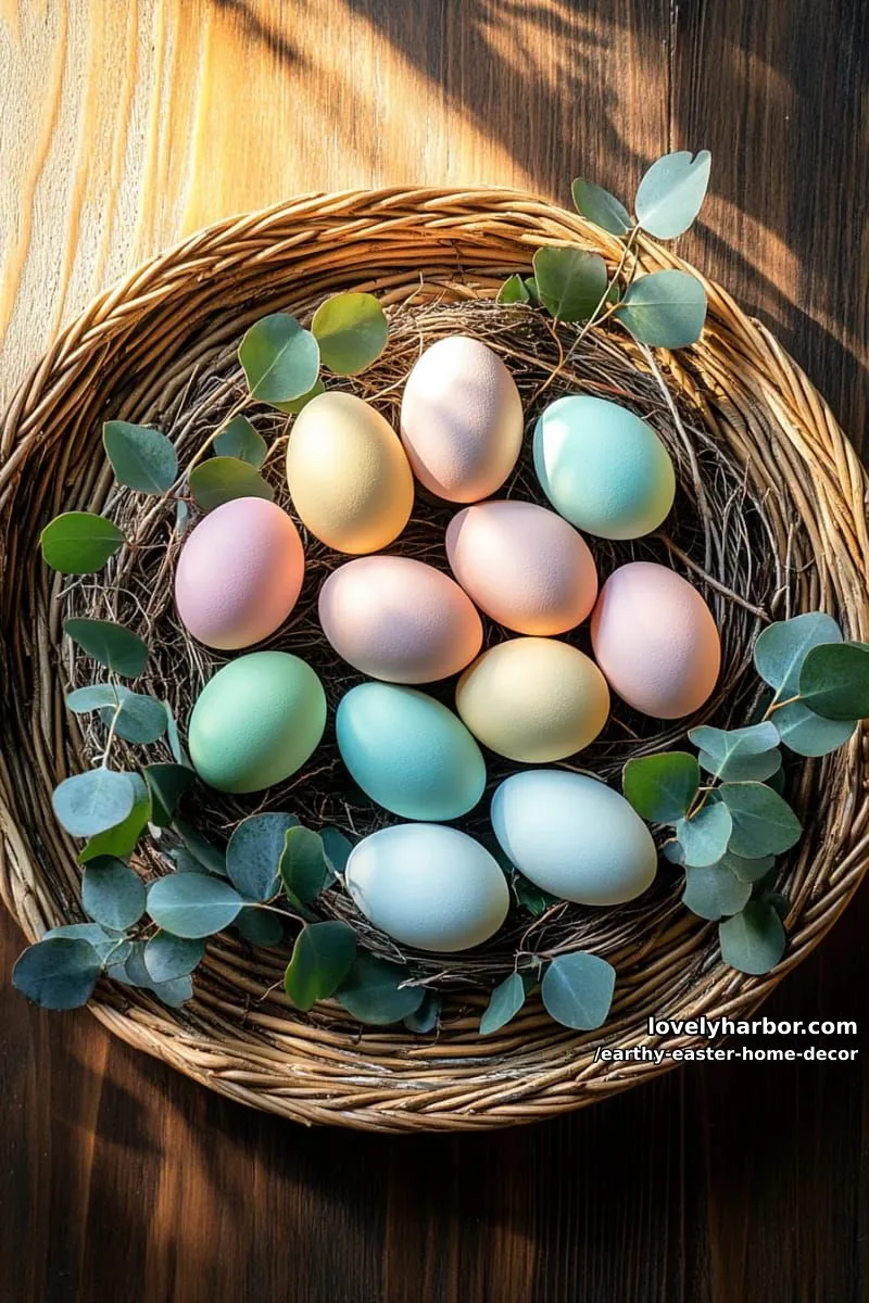 15 Earthy Easter Home Decor For A Nature-Friendly Seasonal Touch 7 rattan tray filled with pastel eggs, eucalyptus, and twig nests 1