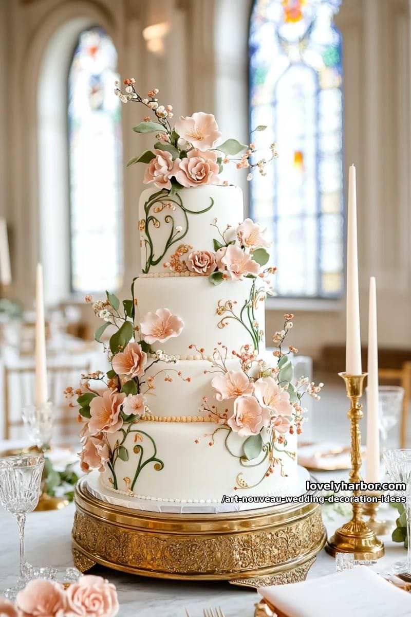reception cake with curved tiers and hand-piped art nouveau flowers 1