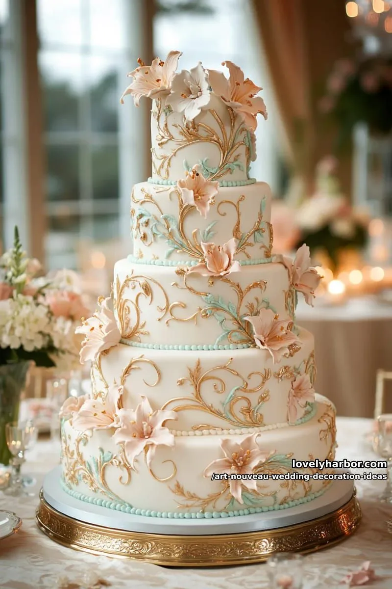reception cake with curved tiers and hand-piped art nouveau flowers 1