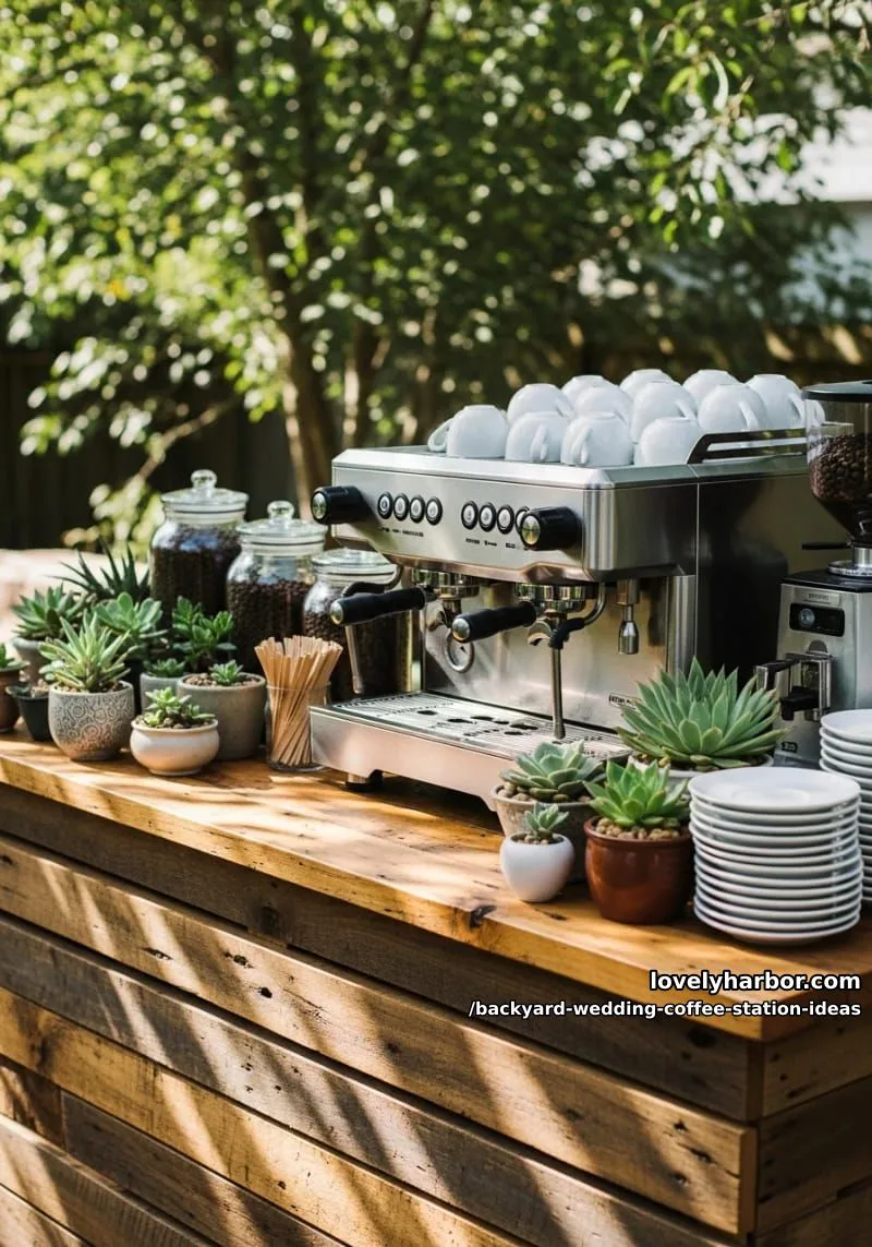15 Backyard Wedding Coffee Station Ideas For Your Reception 25 reclaimed wood counter with espresso machine and potted succulents 1