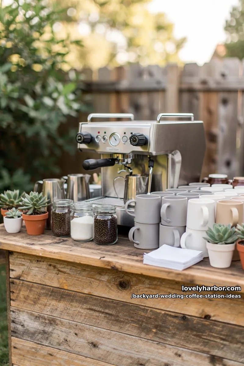 15 Backyard Wedding Coffee Station Ideas For Your Reception 26 reclaimed wood counter with espresso machine and potted succulents 1