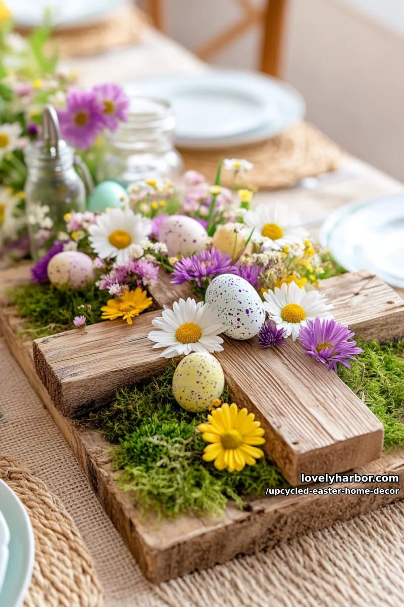 reclaimed wood easter cross centerpiece with wildflowers 1