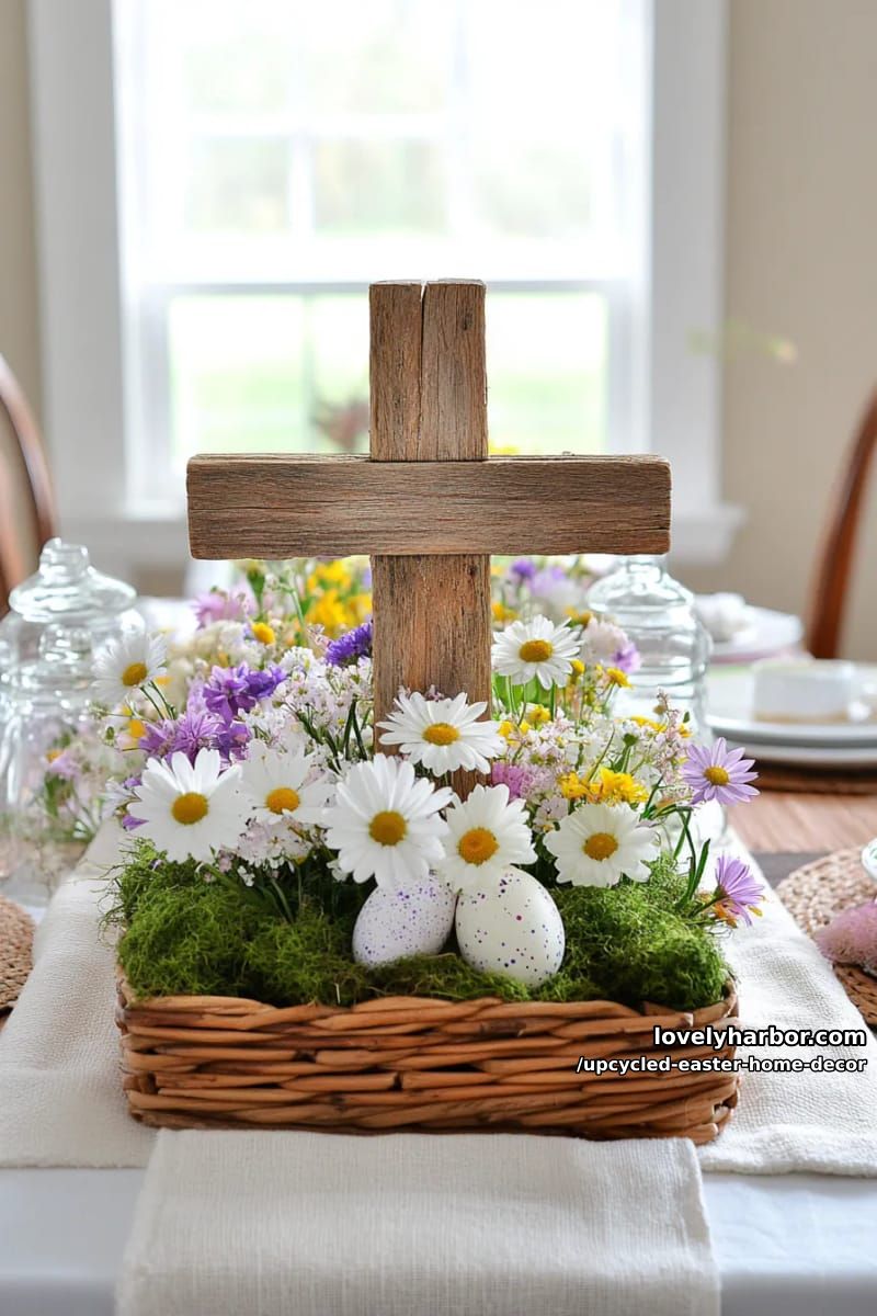 reclaimed wood easter cross centerpiece with wildflowers 1