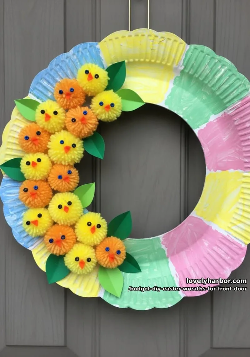 recycled paper plate wreath painted with spring colors and pom pom chicks 1