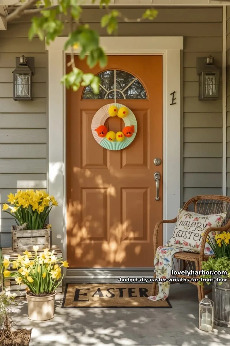 recycled paper plate wreath painted with spring colors and pom pom chicks 1