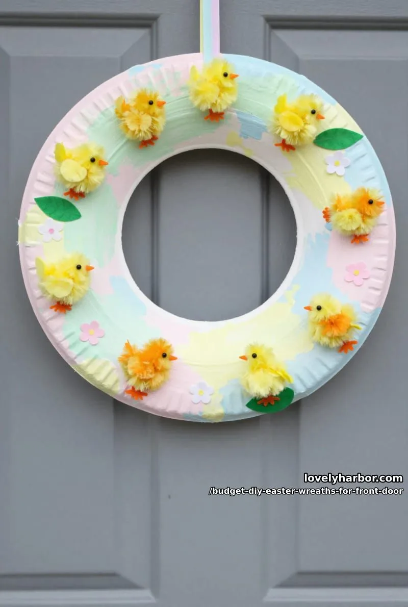 recycled paper plate wreath painted with spring colors and pom pom chicks 1