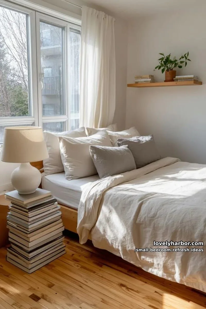 replace bulky nightstands with stackable books and a ceramic lamp 1