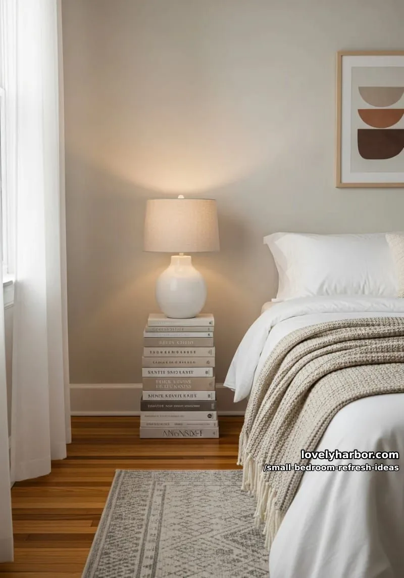 replace bulky nightstands with stackable books and a ceramic lamp 1