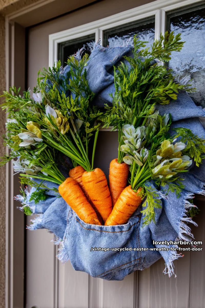 repurposed denim pocket wreath filled with miniature carrots and faux greenery 1