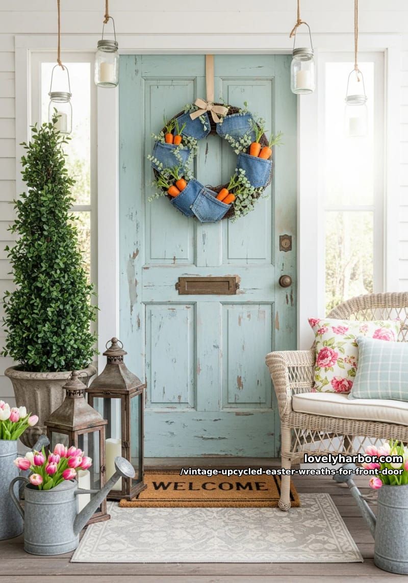 repurposed denim pocket wreath filled with miniature carrots and faux greenery 1