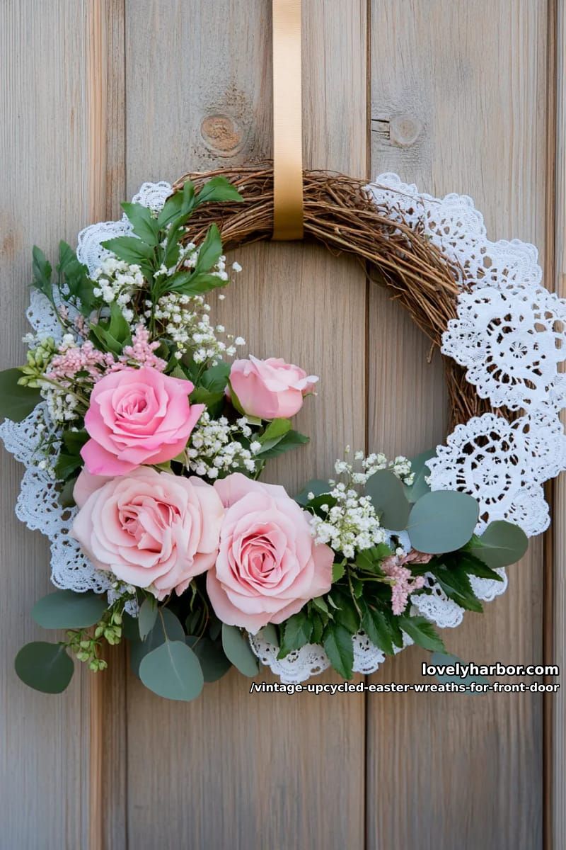 repurposed doilies layered atop grapevine wreath with blush pink roses 1