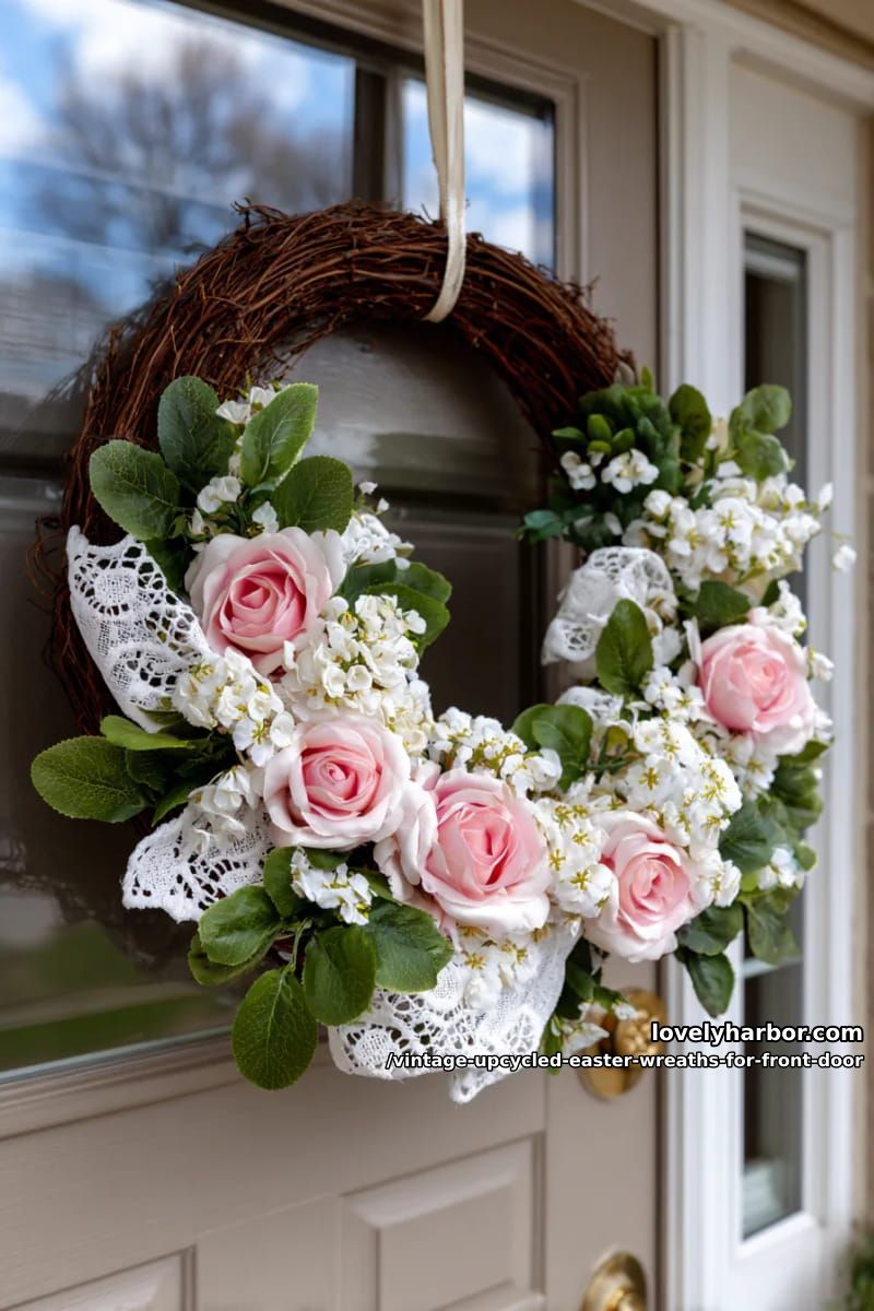 repurposed doilies layered atop grapevine wreath with blush pink roses 1