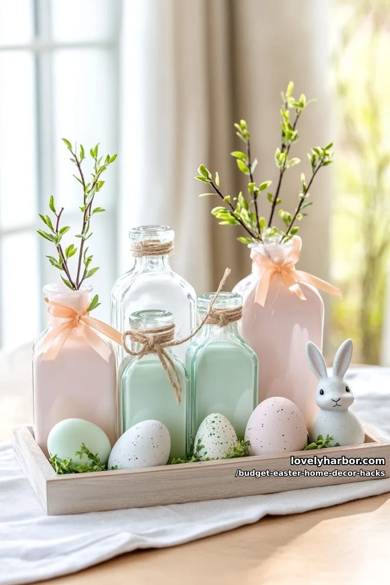 repurposed glass bottles with pastel ribbons for simple easter vignettes 1