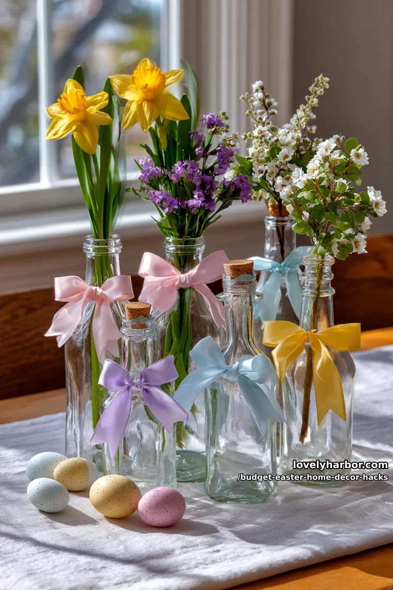 repurposed glass bottles with pastel ribbons for simple easter vignettes 1
