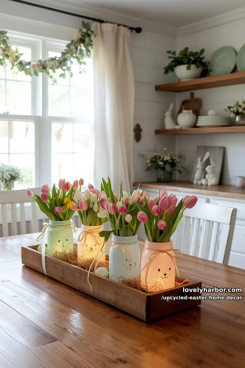 15 Upcycled Easter Home Decor That Give Old Treasures New Life 4 repurposed mason jar bunny lanterns with pastel ribbons 1