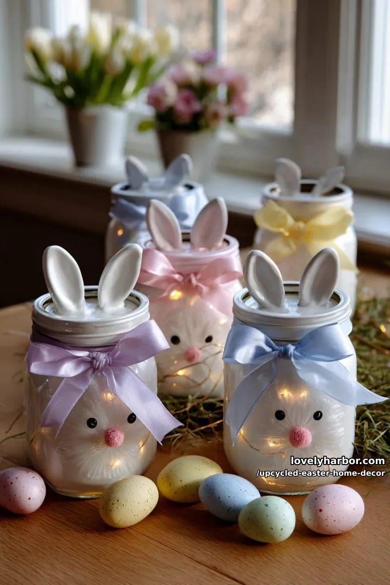 15 Upcycled Easter Home Decor That Give Old Treasures New Life 5 repurposed mason jar bunny lanterns with pastel ribbons 1