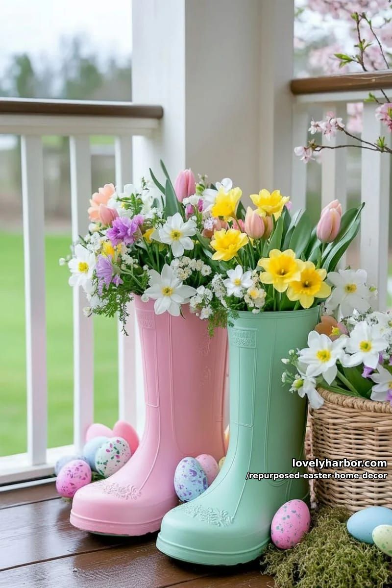 repurposed rain boots as quirky outdoor easter flower vases 1