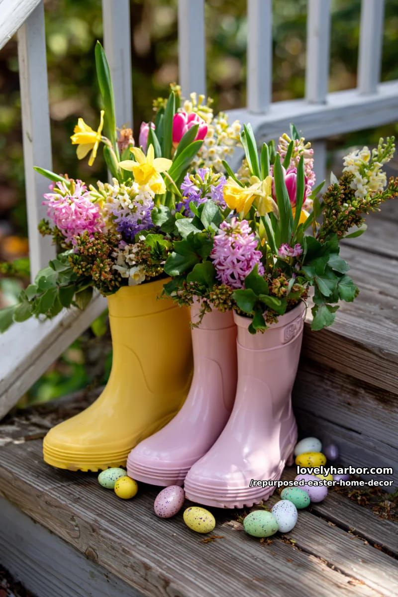 repurposed rain boots as quirky outdoor easter flower vases 1