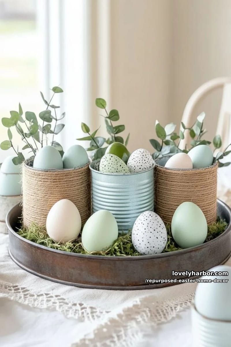 repurposed tin cans wrapped in jute for rustic egg vases 1