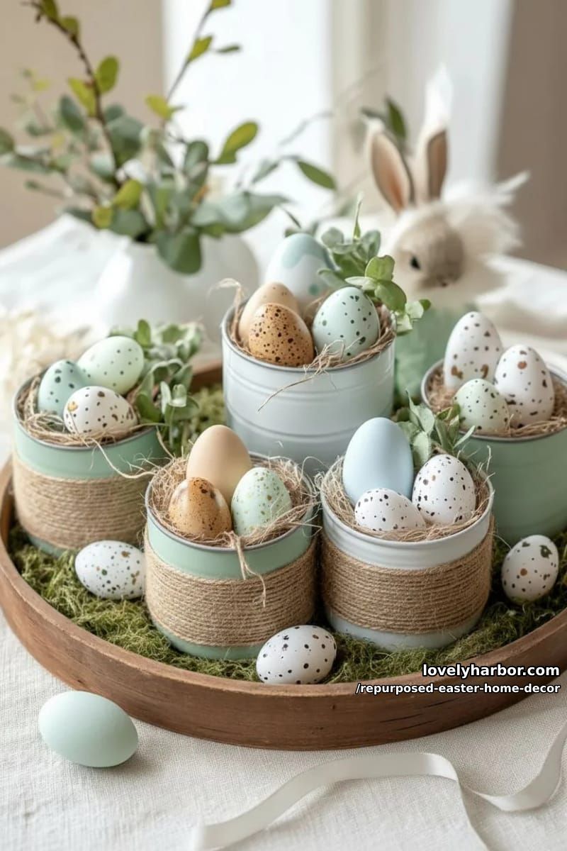 repurposed tin cans wrapped in jute for rustic egg vases 1