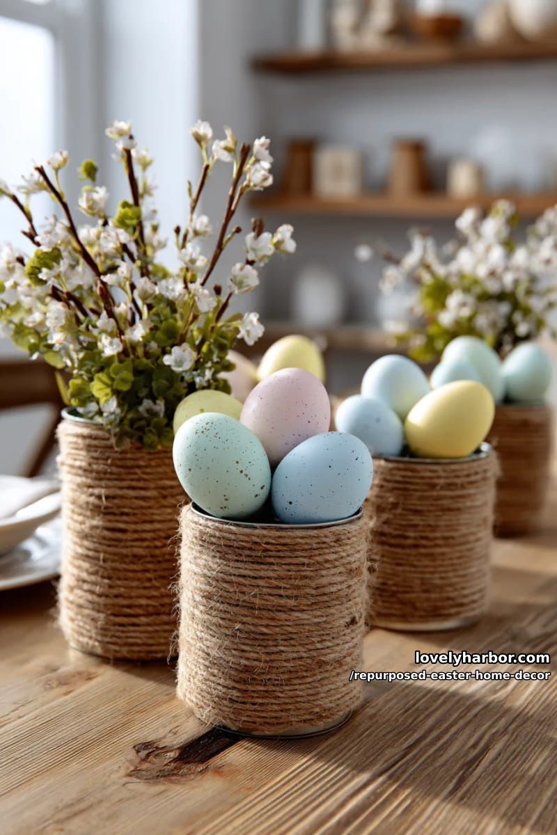 repurposed tin cans wrapped in jute for rustic egg vases 1