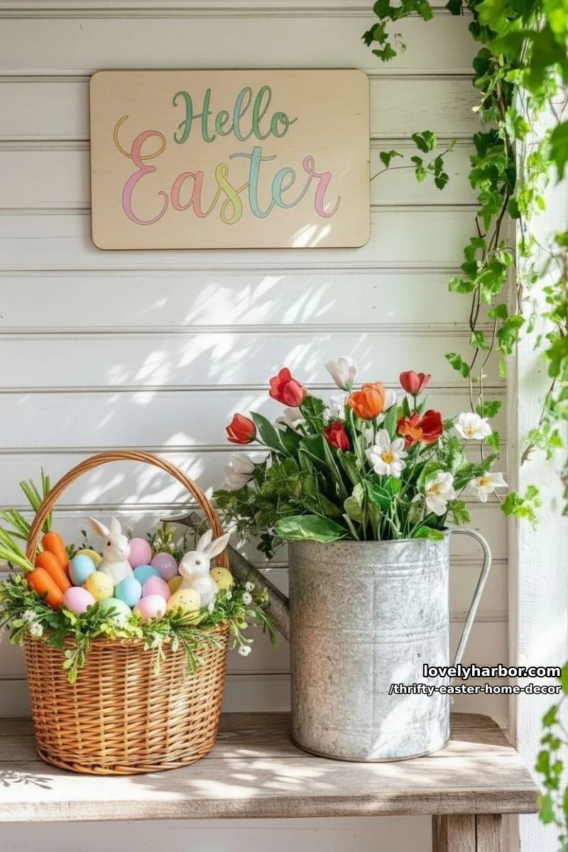 repurposed watering can filled with thrift store florals by the entryway 1