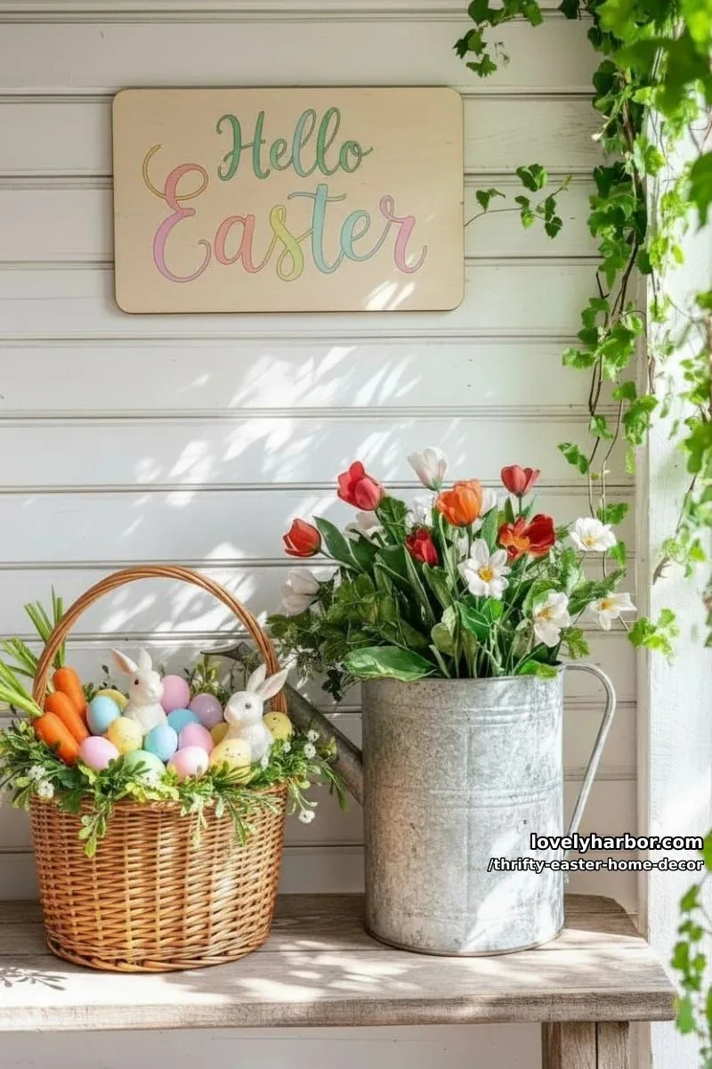 repurposed watering can filled with thrift store florals by the entryway 1