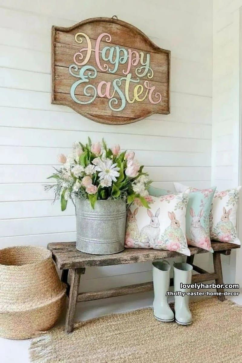 repurposed watering can filled with thrift store florals by the entryway 1