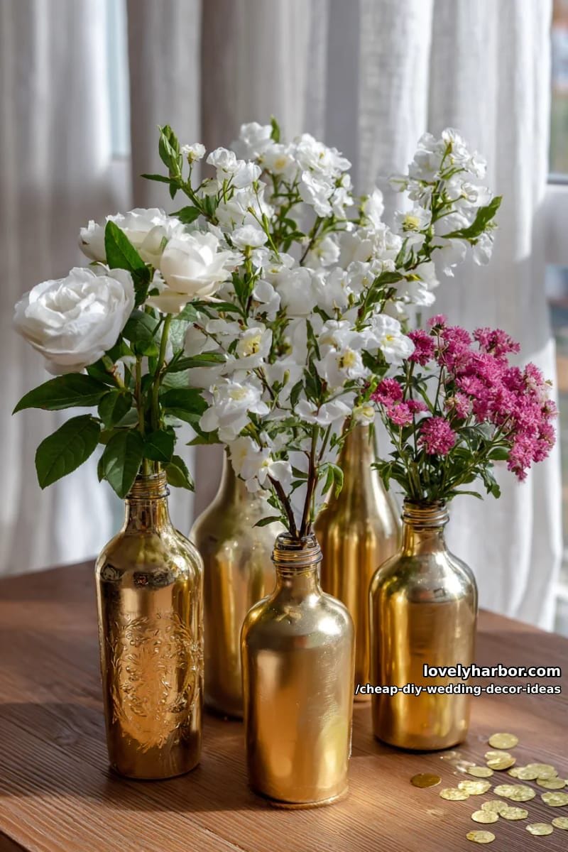 repurposed wine bottles spray-painted gold as bud vases 1