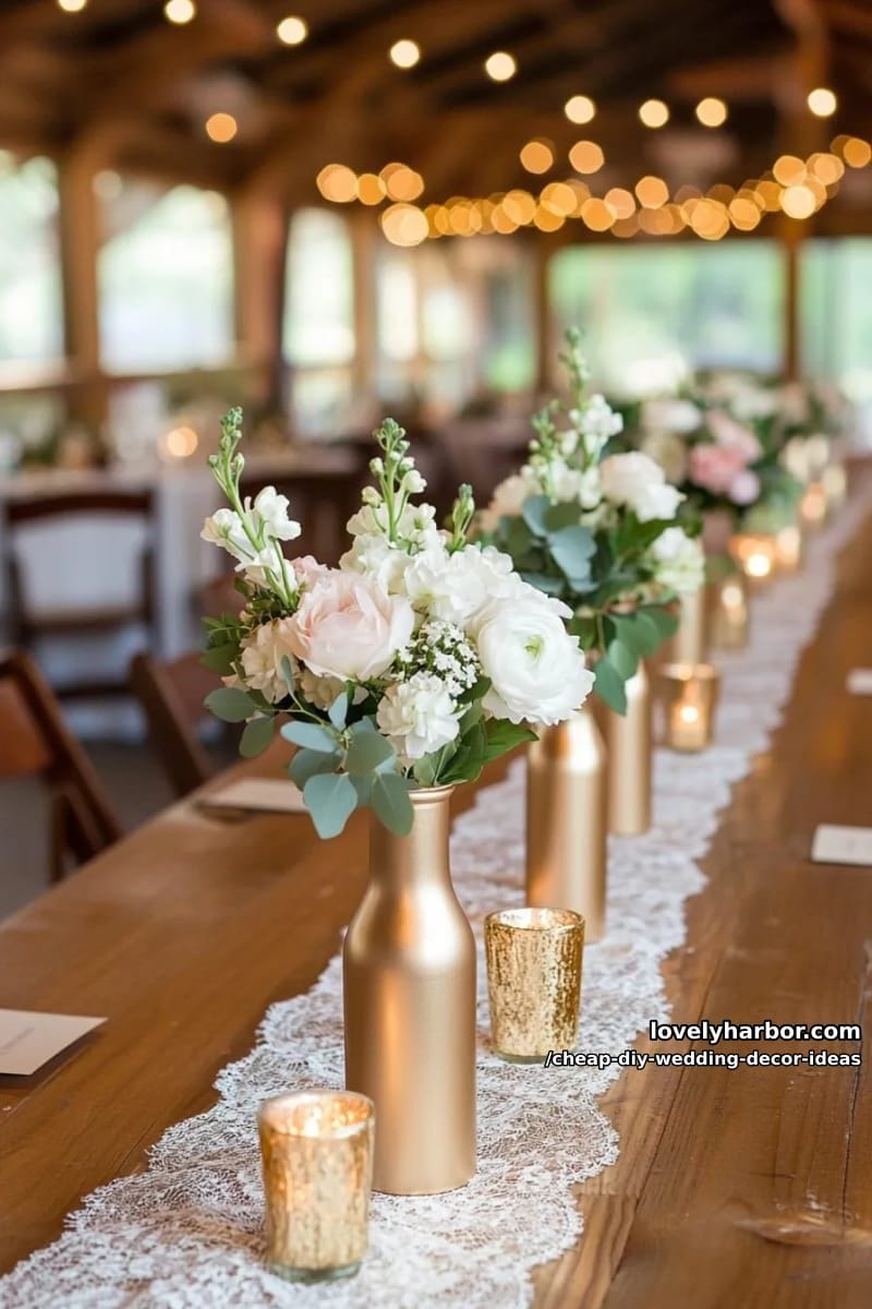 repurposed wine bottles spray-painted gold as bud vases 1