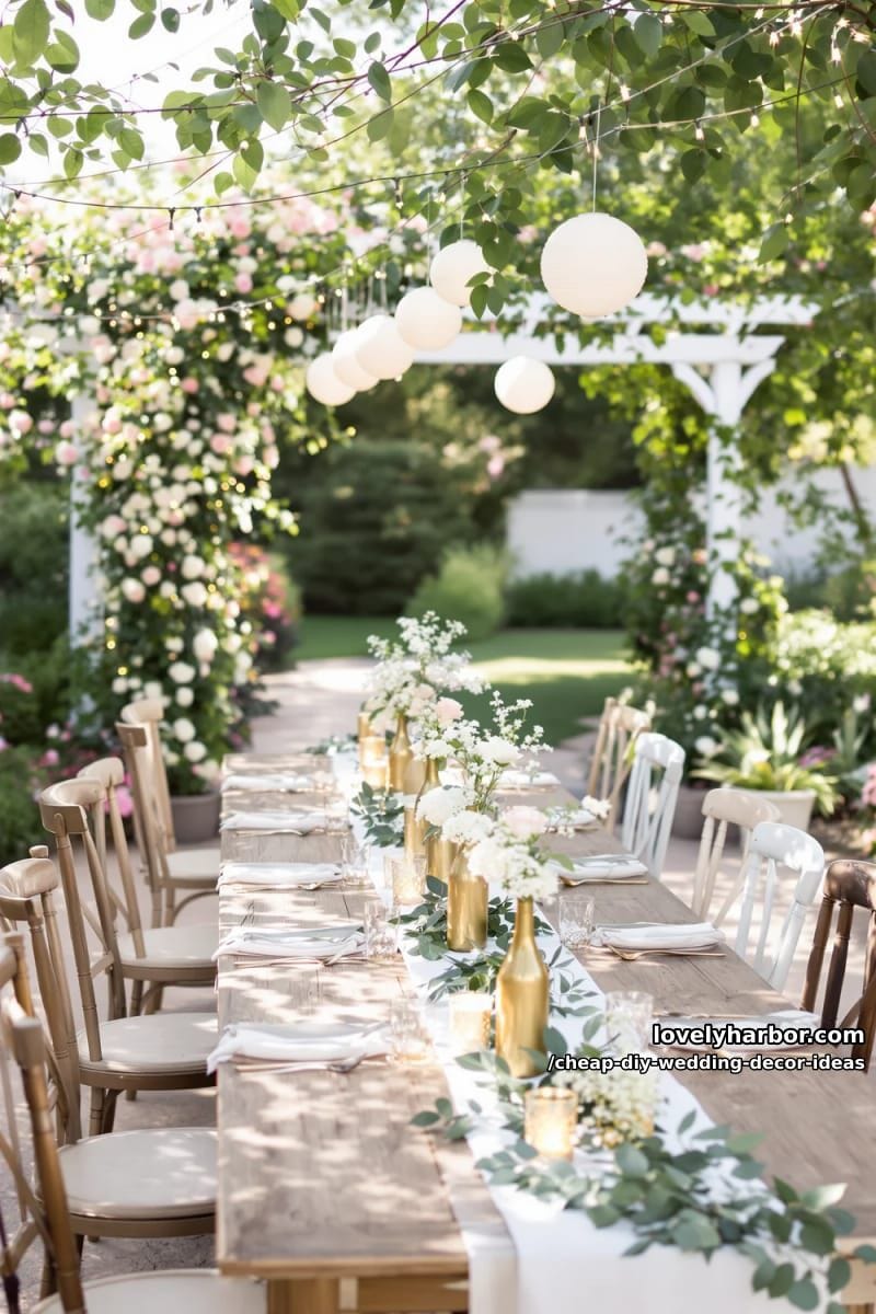 repurposed wine bottles spray-painted gold as bud vases 1