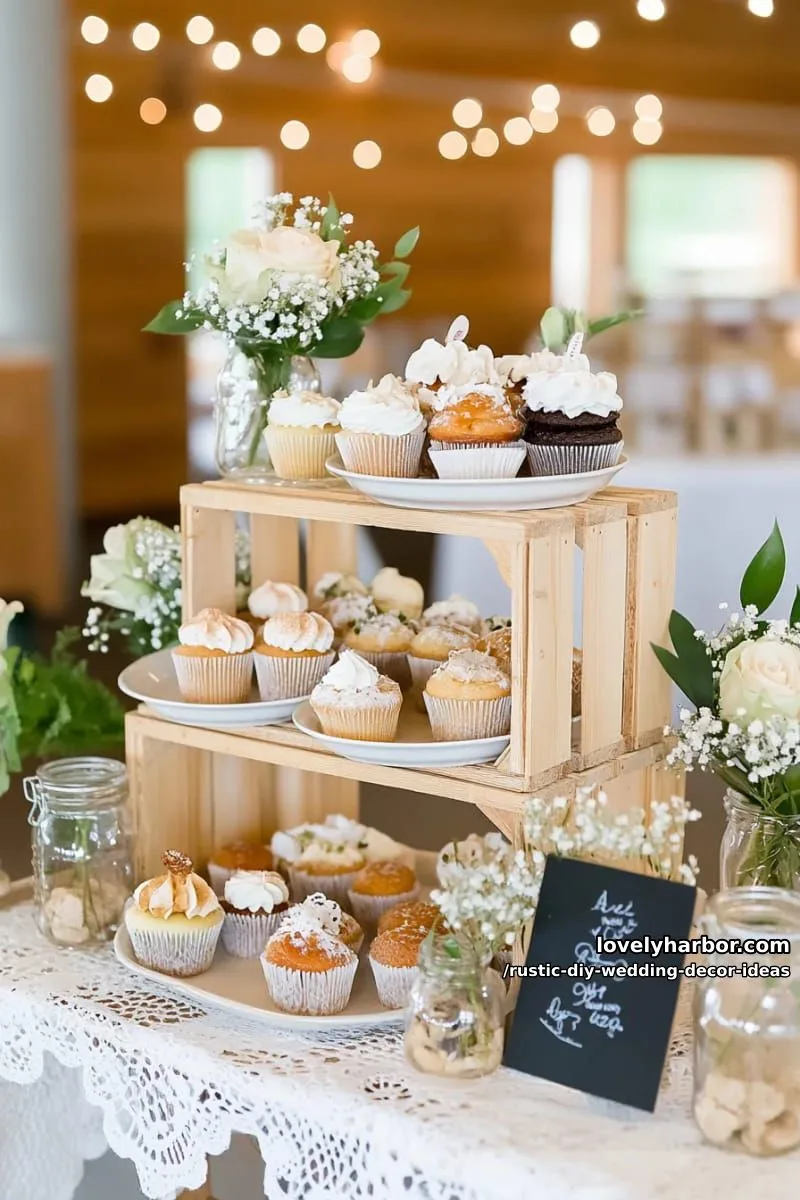 19 Rustic DIY Wedding Decor Ideas with Dreamy Vibes 17 repurposed wooden crates for rustic dessert bar stands 1