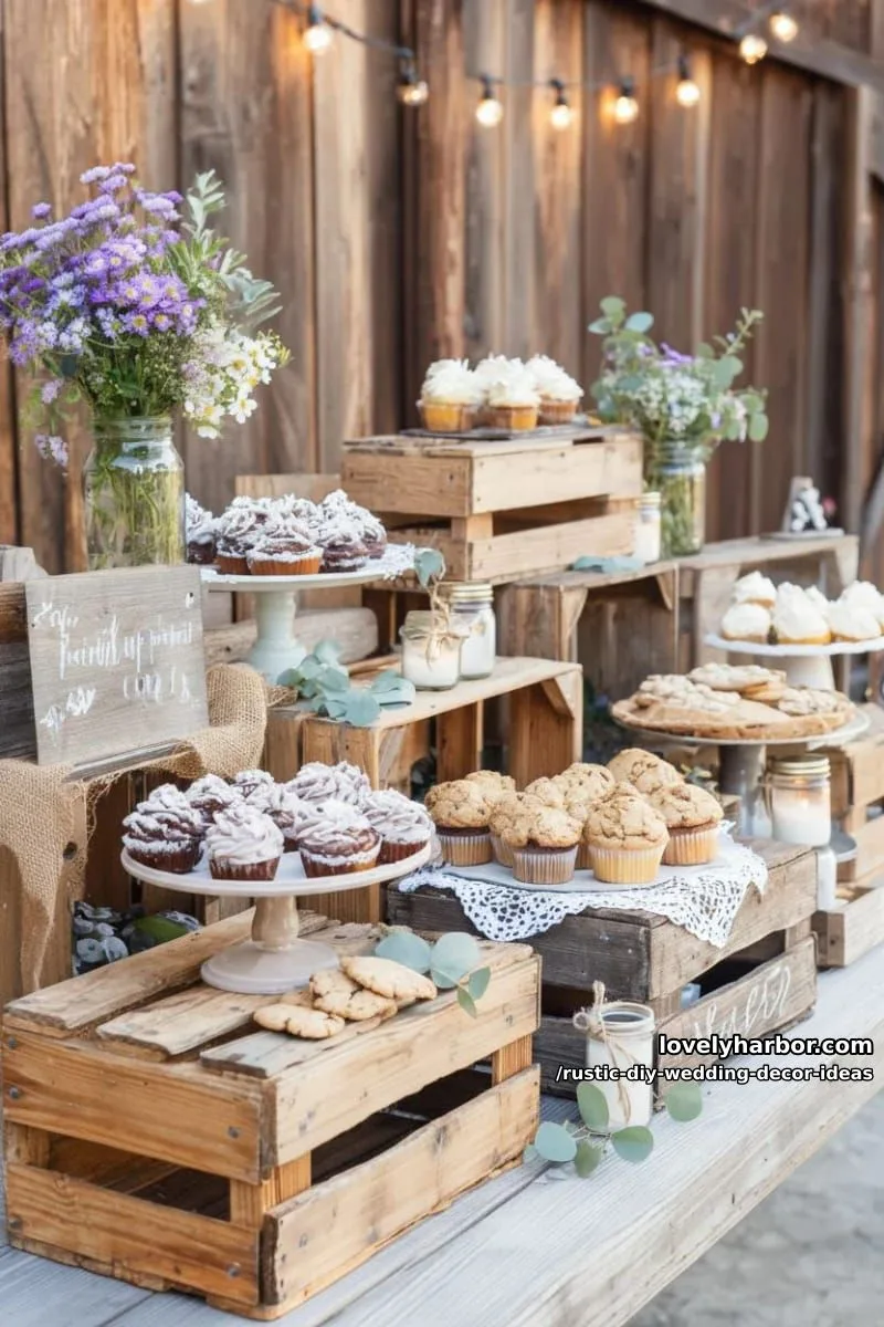 19 Rustic DIY Wedding Decor Ideas with Dreamy Vibes 18 repurposed wooden crates for rustic dessert bar stands 1