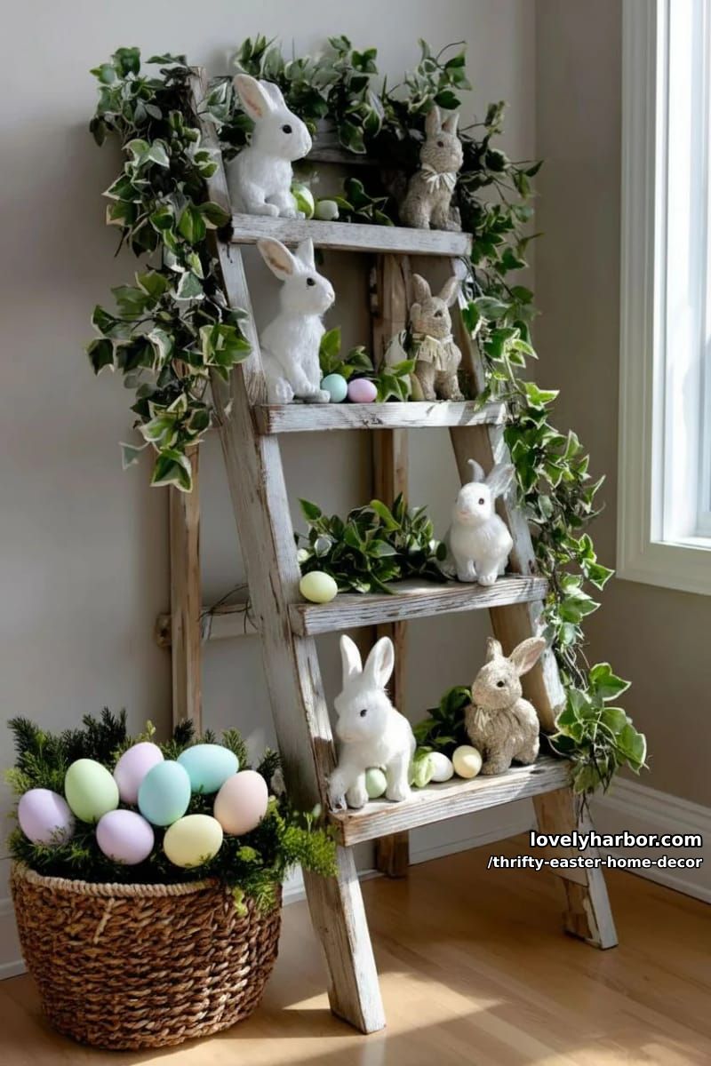 repurposed wooden ladder adorned with thrifted bunnies and greenery garlands 1