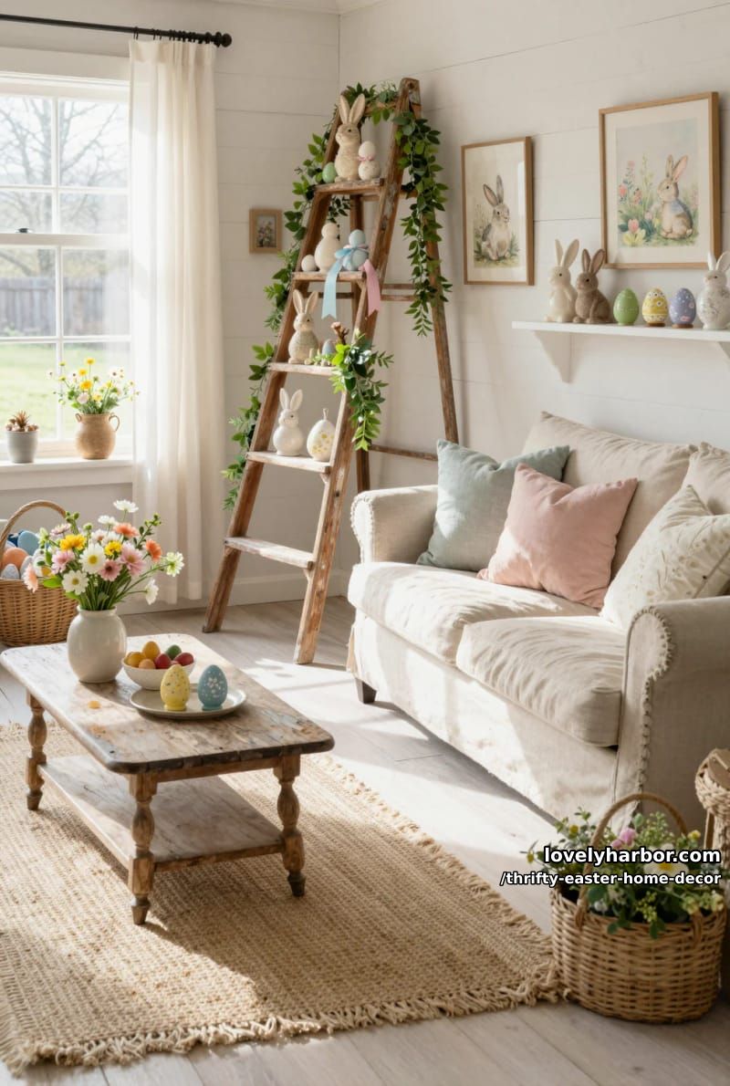 repurposed wooden ladder adorned with thrifted bunnies and greenery garlands 1