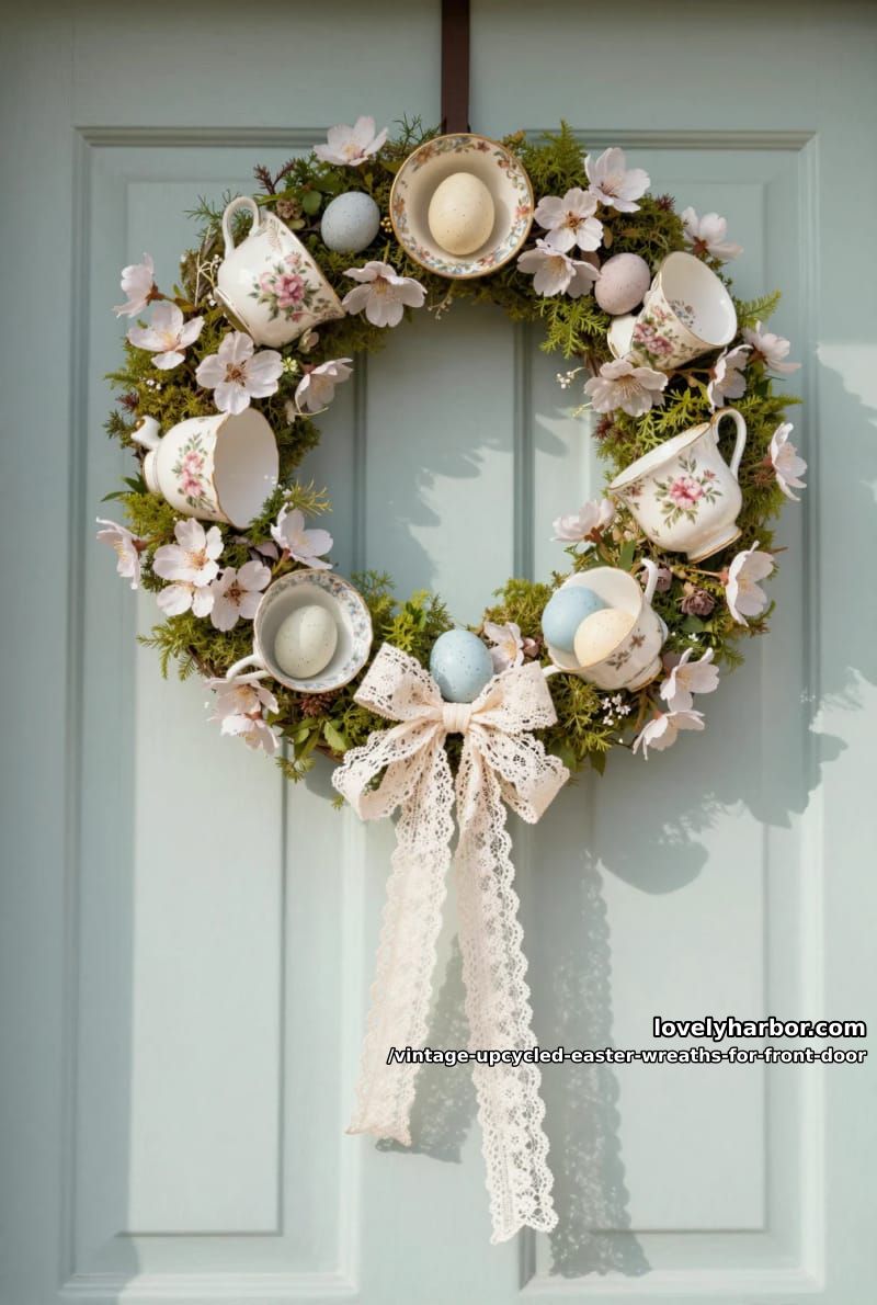 retro teacup and saucer wreath filled with moss, faux eggs, and blooms 1