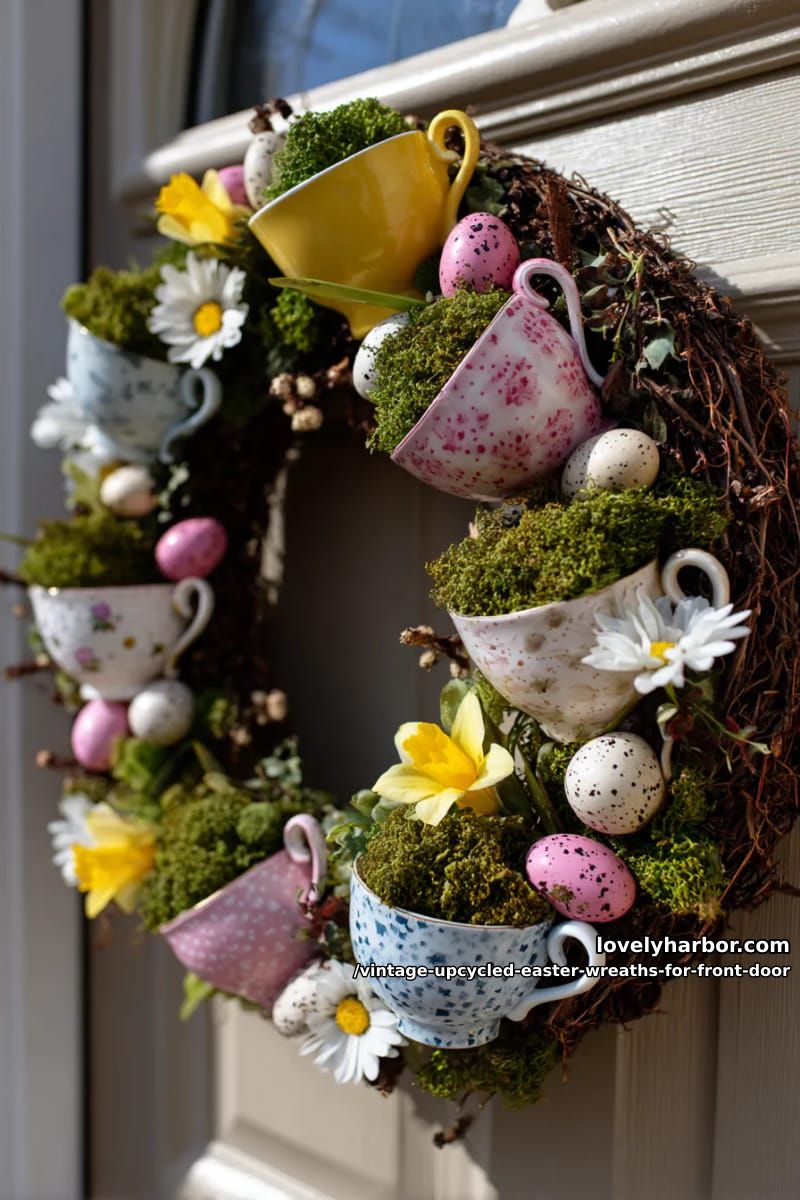 retro teacup and saucer wreath filled with moss, faux eggs, and blooms 1